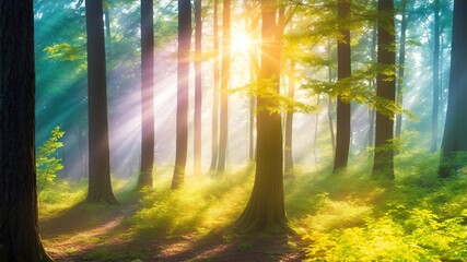 Naklejka premium Beautiful autumn forest with bright sunlight shining through