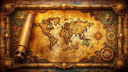 Mystical ancient scroll with intricate golden borders and ornate compass rose, featuring a fantastical world map with mythical creatures and mystical landmarks.