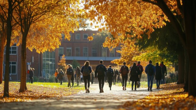 A vibrant and dynamic university campus during autumn, with students walking, chatting, and studying, capturing the essence of academic life and the pursuit of knowledge