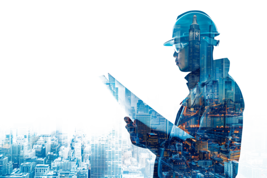 Construction engineer in double exposure above city and construction site isolated on transparent background