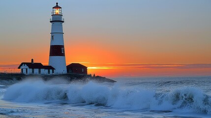 Obraz premium Stunning Coastal Lighthouse at Sunset with Waves Crashing, Captured Against a Vibrant Orange Sky, Highlighting Nautical Beauty and Serenity