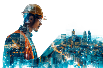 Construction engineer in double exposure above city and construction site isolated on transparent background