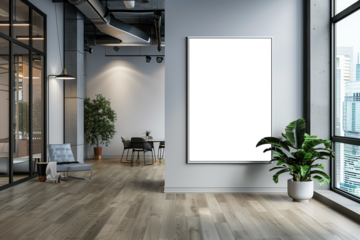 White blank vertical frame mockup of company branding on modern business office background