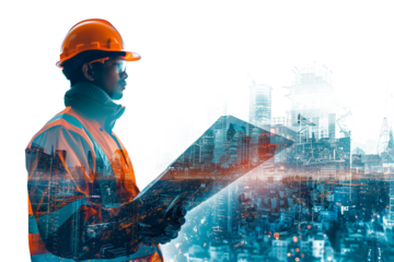 Construction engineer in double exposure above city and construction site isolated on transparent background