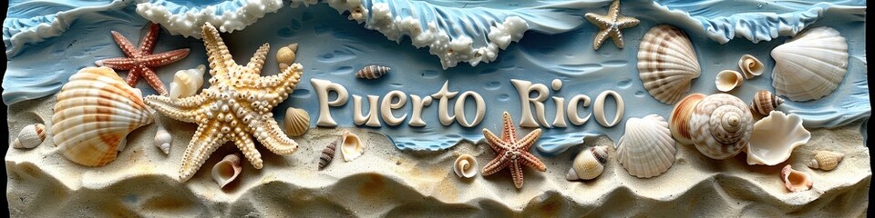 Captivating Puerto Rico Beach Themed Art: Seashells, Starfish, and Blue Ocean Waves Decorative Image for Tropical Inspiration