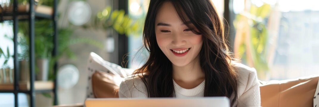 Cheerful Asian businesswoman or freelancer with a laptop having a brilliant idea gaining sudden insight figuring out how to solve a problem with inspiration discovering a life hack or findi