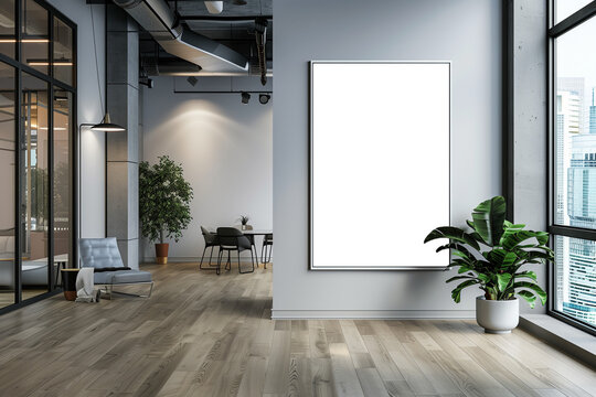 White blank vertical frame mockup of company branding on modern business office background