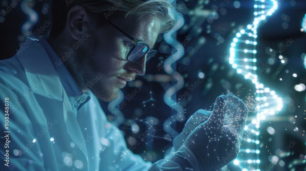 Poster scientist examining dna structure in a laboratory
