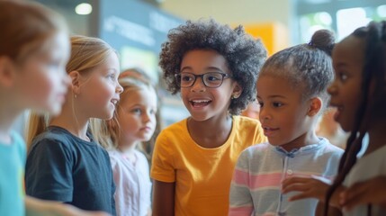 A small group of children on a field trip, exploring a museum exhibit with wonder and curiosity, led by a passionate teacher, emphasizing the importance of experiential learning