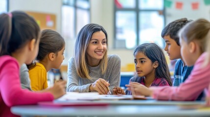 A vibrant and inclusive classroom where students of various backgrounds are engaged in a collaborative project, with a teacher facilitating and encouraging discussion, showcasing the dynamic nature
