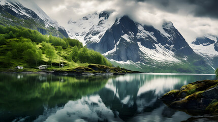 Mesmerizing Beauty of Fjord Landscape Showcasing the Harmonious Contrast Between Tranquil Waters and Towering Mountains