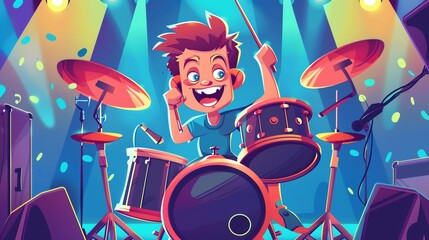 A cartoon illustration of a young man playing drums on stage at a concert.