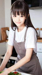 キッチンでエプロン姿で微笑む若い女性