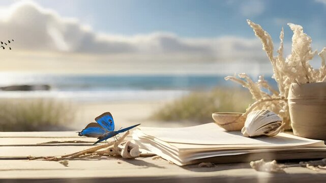 Paper and shells on a wooden board with a beach background with bokeh effect. Seamless 4K looping timelapse video animation generated AI