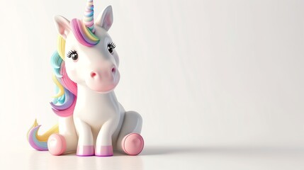 A cartoon unicorn with a rainbow mane and horn sits on a white background.