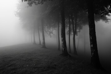Obraz premium Enigmatic Beauty of Misty Black and White Forest in Fog Wallpaper