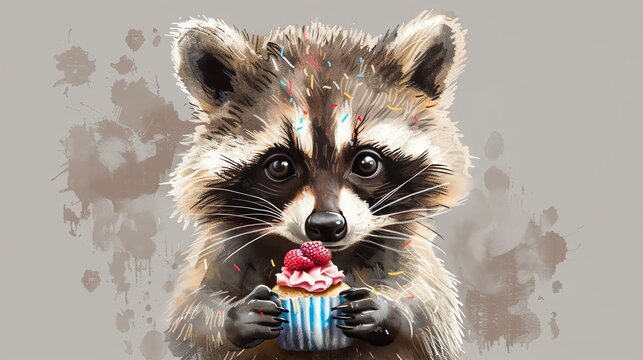 A raccoon holding a cupcake with a pink frosting and a red raspberry on top.