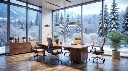 Nobody in empty modern stylish elegant contemporary business office with chairs and table, snowy winter nature outside the window, corporate company holiday, cold weather, December, warm
