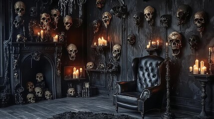 Dark gothic room filled with skulls and candles, featuring a black leather armchair. Eerie and atmospheric setting perfect for Halloween themes.