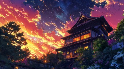 Obraz premium Tranquil Anime Sunset: Traditional Japanese House with Galactic Sky Background