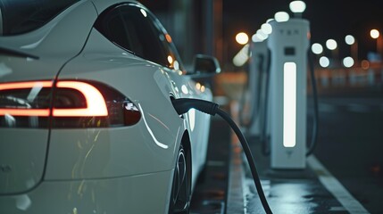 Closeup of Electric Vehicle Charging with Blue Energy Waves from Level Two Charger and White Car in Motion. Concept of Smart Technology in High Resolution Photograph