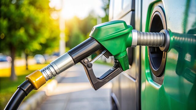 A close-up photo of a pump dispensing E85 ethanol fuel, biofuel, renewable energy, alternative fuel, sustainable