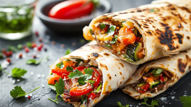 Italian breakfast wrap filled with sauteed vegetables and fresh herbs