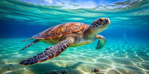 Fototapeta premium A detailed description A majestic sea turtle swimming gracefully in crystal clear waters, ocean, marine life