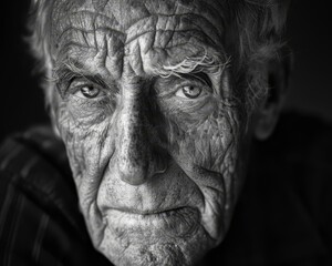 A monochrome portrait of an elderly man with deep wrinkles and a thoughtful expression, Black and white, Photography, High detail, Intimate mood