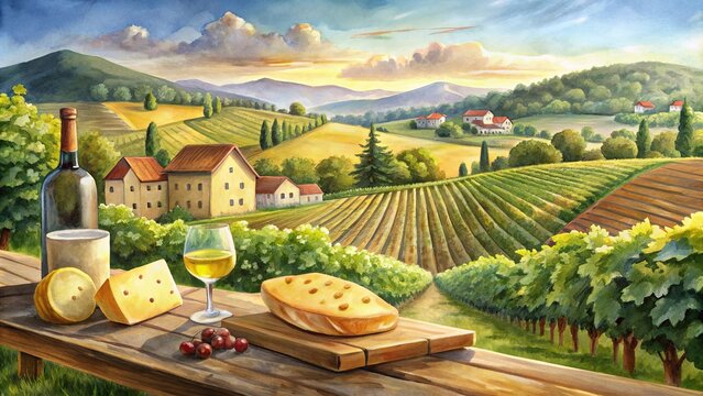 Watercolor of a picturesque vineyard and cheese farm , watercolor,vineyard, cheese farm, agriculture, rural, landscape, wine