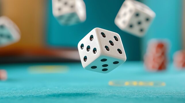 Dramatic closeup of dice rolling on a felt table, highstakes tension palpable in a luxurious casino