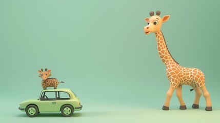 Obraz premium A cartoon giraffe and a smaller cartoon giraffe on top of a green car on a green background.