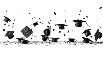 Black graduation cap falling floating isolated on transparent background