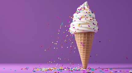 A cartoon ice cream cone with sprinkles falling off on a purple background.