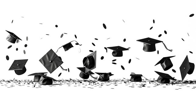 Black graduation cap falling floating isolated on transparent background