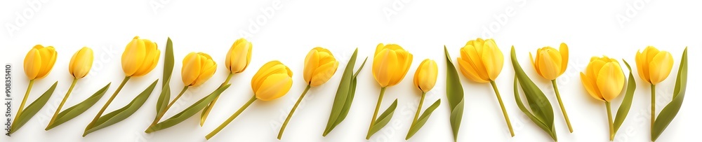 Aufkleber a row of yellow flowers with green leaves. the flowers are arranged in a line and are all facing the