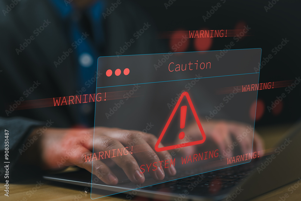 Fototapete System warning hacked alert, cyberattack on computer network. Cybersecurity vulnerability, data breach, illegal connection, compromised information concept. Malicious software, virus and cybercrime.