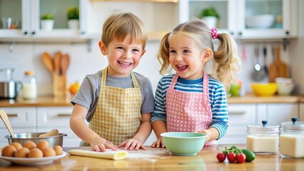 Portrait of happy smiling cute beautiful male and female siblings, toddler preschool boy and girl, brother and sister in the kitchen, children or kids wearing aprons. Family, food, cooking, baking