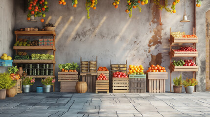 Rustic Charm: A sun-kissed Italian market, bursting with vibrant produce, awaits customers in this idyllic scene. 