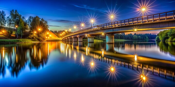 A scenic bridge illuminated by night lights over a tranquil river , bridge, night, lights, reflection, water, peaceful