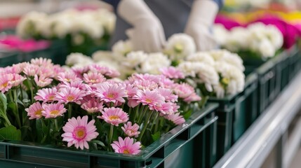 Close-up of pink and white flowers in trays being prepared by a worker wearing gloves in a greenhouse, showcasing flower cultivation.