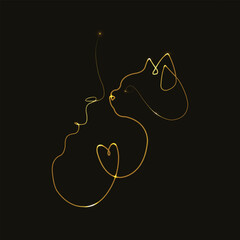 Cat Line Art, One Line Drawing, Heart Girl cat, Female Portrait, Pet Memorial Art, pet Love, Minimal Design,  Cat lover, Pet and woman, continuous line drawing of pet lover with cat. Animal lover. 
