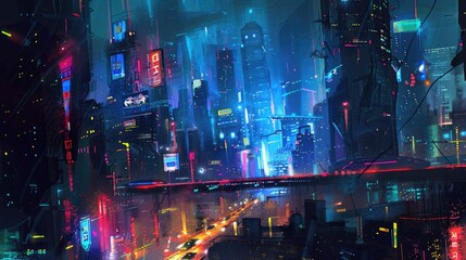 Night cityscape with neon-lit buildings and bustling streets