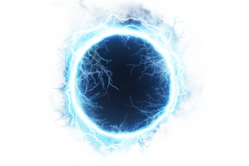 Round frame of shining blue electric lightning isolated on transparent background