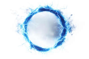 Round frame of shining blue electric lightning isolated on transparent background