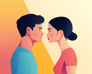 Obraz premium Lovers quarrel, flat design, side view, drama theme, cartoon drawing, Triadic Color Scheme