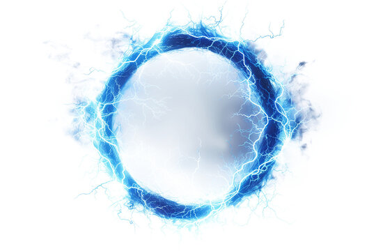 Round frame of shining blue electric lightning isolated on transparent background