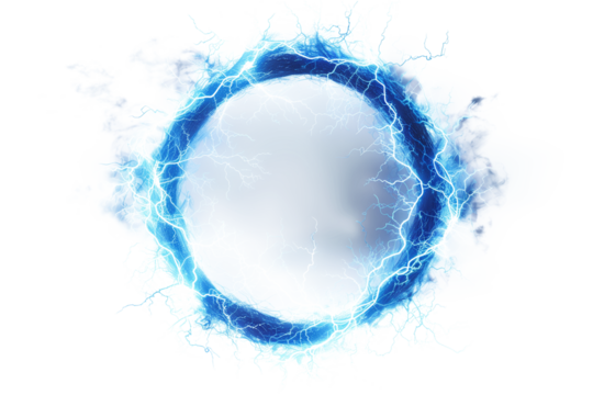 Round frame of shining blue electric lightning isolated on transparent background