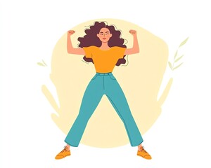 Power pose, flat design, front view, confidence theme, cartoon drawing, colored pastel