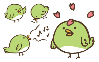 緑色で丸くてかわいいうぐいすのような鳥のキャラ素材